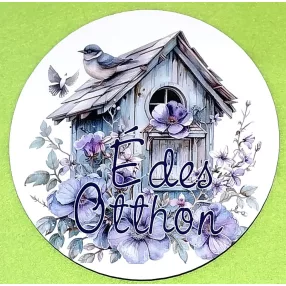   15cm Nyomtatott Fa Kerek kopogtató közép Szürke házikós madáretető, lila virággal  Édes Otthon  felirattal	1db/csomag	15cm vastagság 3mm	