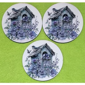   8cm kerek Nyomtatott Fa  Szürke házikós madáretető ,lilla virággal  Édes Otthon felirattal	3db/csomag	8cm vastagság 3mm	
