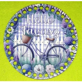   15cm Horgolható nyomtatott fa alap Lila kerékpár levendulás háttér Hello Tavasz felirattal 7mm lyukkal 	1db/csomag	15cm vastagság 3mm	