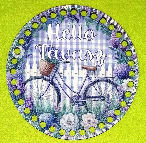 15cm Horgolható nyomtatott fa alap Lila kerékpár levendulás háttér Hello Tavasz felirattal 7mm lyukkal 	1db/csomag	15cm vastagság 3mm	