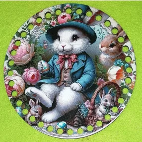   15cm Horgolható nyomtatott fa alap 7 mm lyukkal Fehér nyuszi kalapban  	1db/csomag	15cm vastagság 3mm	