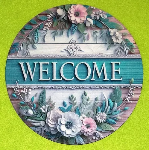 15cm Nyomtatott Fa Kerek kopogtató közép Barna deszkás háttér Welcome felirattal  	1db/csomag	15cm vastagság 3mm	