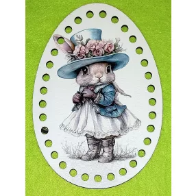   11x15cm  Horgolható nyomtatott Tojás Nyuszi kislány kalapban   6mm lyukkal	1db	vastagság 3mm	