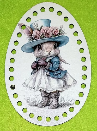 11x15cm  Horgolható nyomtatott Tojás Nyuszi kislány kalapban   6mm lyukkal	1db	vastagság 3mm	
