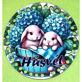   15cm Horgolható nyomtatott fa alap 7 mm lyukkal  Két nyuszkó dézsában Húsvét  felirattal  	1db/csomag	15cm vastagság 3mm	