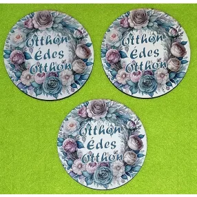   8cm Nyomtatott Fa kerek  Virág koszorú szürke Otthon Édes Otthon felirattal  	3db/csomag	8cm vastagság 3mm	