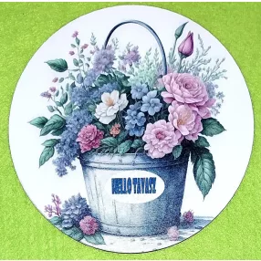   Nyomtatott Fa Kerek kopogtató közép   Fém vödörbe virág csokor Hello tavasz felirattal  	1db/csomag	15cm vastagság 3mm	