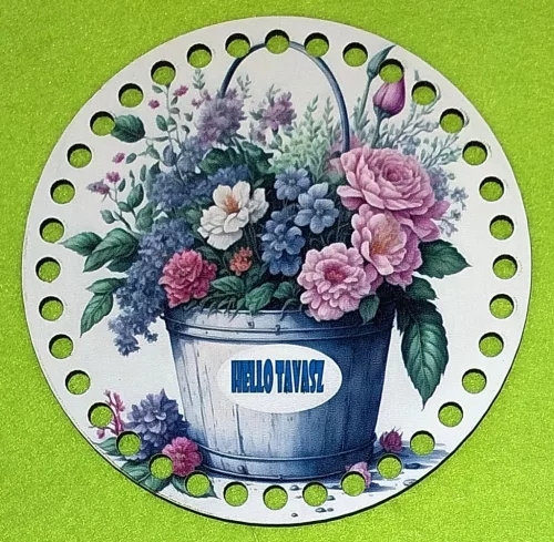15cm Horgolható nyomtatott fa alap 7 mm lyukkal   Fém vödörbe virág csokor Hello tavasz felirattal 	1db/csomag	15cm vastagság 2,5mm	