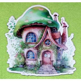   Nyomtatott fa Gomba ház zöld tetővel barna ajtóval 	1db/csomag	14x14cm vastagság 3mm	