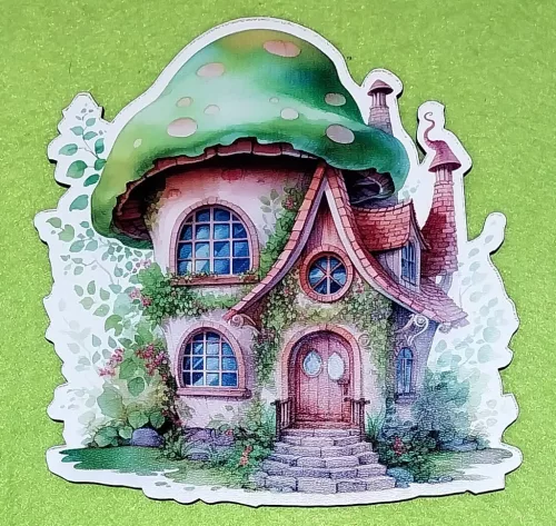 Nyomtatott fa Gomba ház zöld tetővel barna ajtóval 	1db/csomag	14x14cm vastagság 3mm	