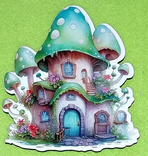 Nyomtatott fa Gomba ház zöld tetővel zöld gombácskával 	1db/csomag	11,5x11 cm vastagság 3mm	