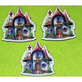   Nyomtatott fa Kis házikó kék spalettás ablakokkal 	3db/csomag	7x7 cm vastagság 3mm	