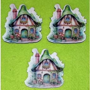   Nyomtatott fa Kis házikó füstölgő kéménnyel  	3db/csomag	7x7 cm vastagság 3mm	