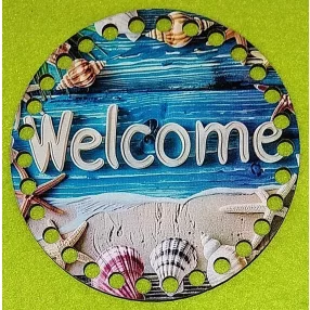   12cm Horgolható nyomtatott fa alap 7 mm lyukkal   Kagylós tengerparti háttér welcome felirattal	1db/csomag	12cm vastagság 2,5mm	