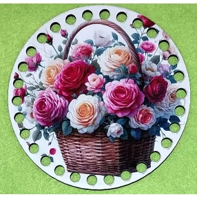   12cm Horgolható nyomtatott fa alap 7 mm lyukkal   Rózsa csokor kosárban 	1db/csomag	12cm vastagság 2,5mm	
