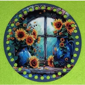  15cm Horgolható nyomtatott fa alap 7 mm lyukkal   Napraforgó ablakban kék vázában  	1db/csomag	15cm vastagság 2,5mm	