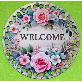   15cm Horgolható nyomtatott fa alap 7 mm lyukkal     Rózsaszín rózsás háttér Welcome felirattal  	1db/csomag	15cm vastagság 2,5mm	