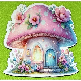   Nyomtatott fa Közepes Tündér gombaház rózsaszín virággal	1db/csomag	11,8x11,8cm vastagság 3mm	