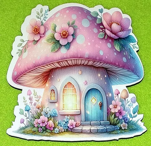 Nyomtatott fa Közepes Tündér gombaház rózsaszín virággal	1db/csomag	11,8x11,8cm vastagság 3mm	