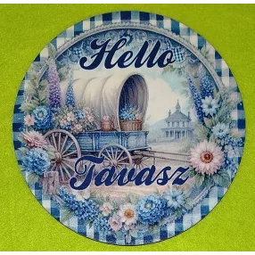   Nyomtatott Fa Kerek kopogtató közép   Kék kockás  háttér  szekérrel Hello Tavasz felirattal  	1db/csomag	15cm vastagság 3mm	