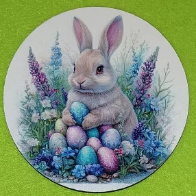   Nyomtatott Fa Kerek kopogtató közép   Nyuszi tojással a kézben virágok között 	1db/csomag	11,8cm vastagság 3mm	