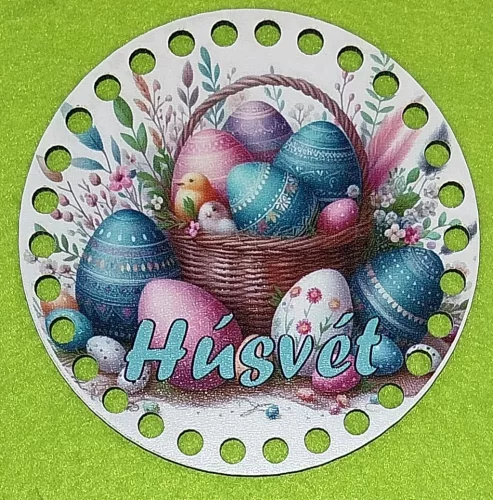 12cm Horgolható nyomtatott fa alap 7 mm lyukkal   Tojás kosár Húsvét felirattal  	1db/csomag	12cm vastagság 2,5mm	