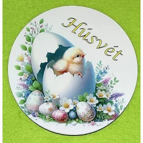   Nyomtatott Fa Kerek kopogtató közép  Kiscsibe tojáshéjban húsvét felirattal   	1db/csomag	11,8cm vastagság 3mm	