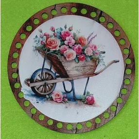   15cm Horgolható nyomtatott fa alap 7 mm lyukkal   Talicska rózsákkal  	1db/csomag	15cm vastagság 2,5mm	