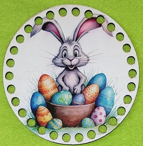 12cm Horgolható nyomtatott fa alap 7 mm lyukkal   Nyuszi tojás kosárral   	1db/csomag	15cm vastagság 2,5mm	