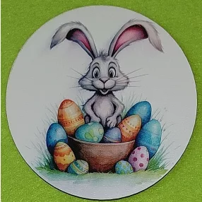   Nyomtatott Fa kerek kopogtató közép Nyuszi tojás kosárral 	1db/csomag	11,8 cm vastagság 3mm	