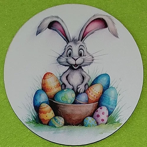 Nyomtatott Fa kerek kopogtató közép Nyuszi tojás kosárral 	1db/csomag	11,8 cm vastagság 3mm	