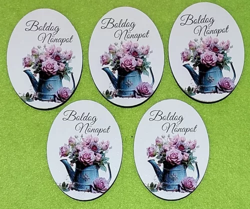 Nyomtatott fa ovális tábla Locsoló kana rózsaszín  rózsa  Nőnapra felirattal  	5db/csomag	5x6,5cm vastagság 2,5mm	