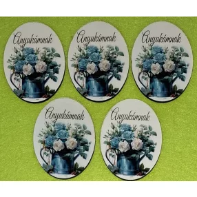   Nyomtatott fa ovális tábla Locsoló kana fehér és kék  rózsa Anyukámnak felirattal 	5db/csomag	5x6,5cm vastagság 2,5mm	