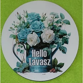   Nyomtatott Fa kerek kopogtató közép Locsoló kana fehér és kék rózsával  Hello tavasz felirattal 	1db/csomag	11,8 cm vastagság 3mm	