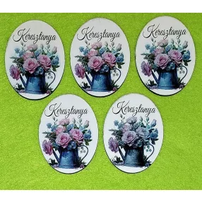   Nyomtatott fa ovális tábla Locsoló kana rózsaszín  rózsa Keresztanya  felirattal 	5db/csomag	5x6,5cm vastagság 2,5mm	