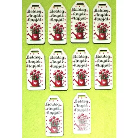   Nyomtatott fa Biléta tábla piros tulipános locsoló kannával Boldog Anyák Napját felirattal 	10db/csomag	5,5x2,5cm vastagság 2,5mm	