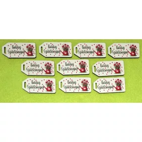   	Nyomtatott fa Biléta tábla piros tulipános locsoló kannával Boldog Születésnapot  felirattal 	10db/csomag	5,5x2,5cm vastagság 2,5mm	