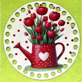   12cm Horgolható nyomtatott fa alap 7mm lyukkal  piros tulipános locsoló kannával	1db/csomag	12cm vastagság 2,5mm	