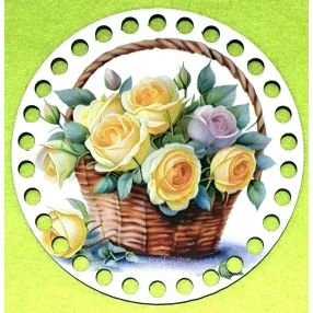   12cm Horgolható nyomtatott fa alap  7mm lyukkal  Sárga rózsa fonott kosárban 	1db/csomag	12cm vastagság 2,5mm	