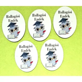   Nyomtatott fa Ovális  tábla Baglyos Ballagási Emlék   felirattal 	5db/csomag	5x6,5cm vastagság 2,5mm	
