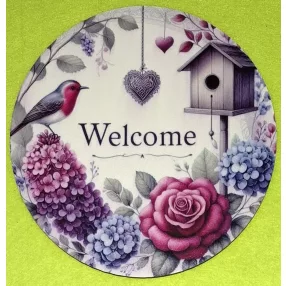   Nyomtatott Fa kerek kopogtató közép madáretetős  Welcome felirattal	1db/csomag	15cm vastagság 3mm	