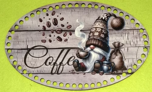 25x15cm  Nyomtatott Kávés tálca üllő barna sapkás manóval  7mm lyukkal 	1db/csomag	vastagság 3mm	