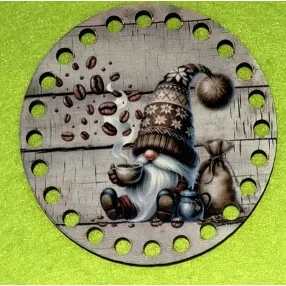   	8cm Nyomtatott Kávé alátét 5mm lyukkal  üllő barna sapkás manóval	1db/csomag vastagság 3mm	