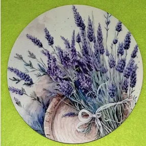   Nyomtatott Fa kerek kopogtató közép Levendula csokros   	1db/csomag	15 cm vastagság 3mm	