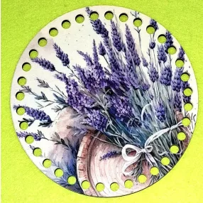   15cm Horgolható nyomtatott fa alap 7 mm lyukkal    Levendula csokros 	1db/csomag	15cm vastagság 2,5mm	