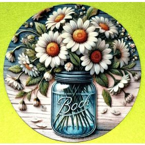   Nyomtatott Fa kerek kopogtató közép Deszkás háttér fehér virágcsokor duncos üvegbe  	1db/csomag	15cm vastagság 3mm	