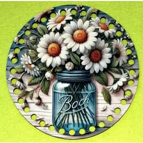   15cm Horgolható nyomtatott fa alap 7 mm lyukkal    Deszkás háttér fehér virágcsokor duncos üvegbe  	1db/csomag	15cm vastagság 2,5mm	