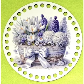   15cm Horgolható nyomtatott fa alap 7 mm lyukkal    Hóvirág és lila  jácint kosárban 	1db	15cm vastagság 2,5mm	