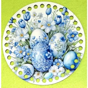   	15cm Horgolható nyomtatott fa alap 7 mm lyukkal    kék hímes tojás 	1db	15cm vastagság 2,5mm	