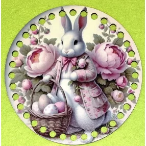   	15cm Horgolható nyomtatott fa alap 7 mm lyukkal   Fehér Nyuszi rózsaszín virággal  	1db	15cm vastagság 2,5mm	